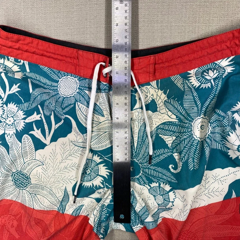 Vissla Mens Boardshorts Teal Red Floral Seahorse Print Swim Trunks Size 36